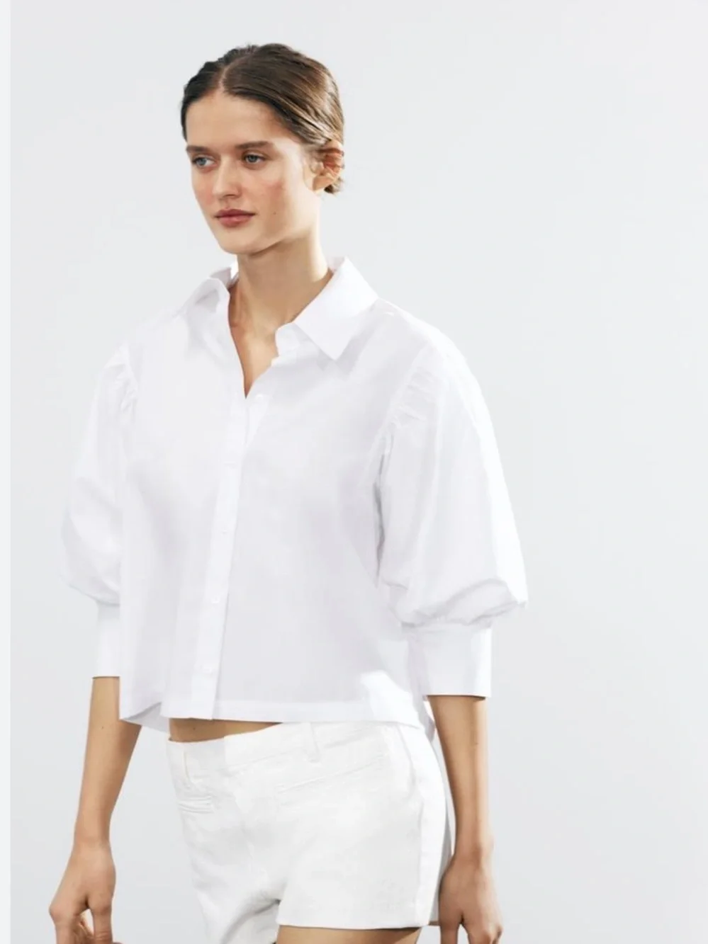 Zara NWT 2731/082 white Poplin Puff Sleeve Button-Up Shirt XS
